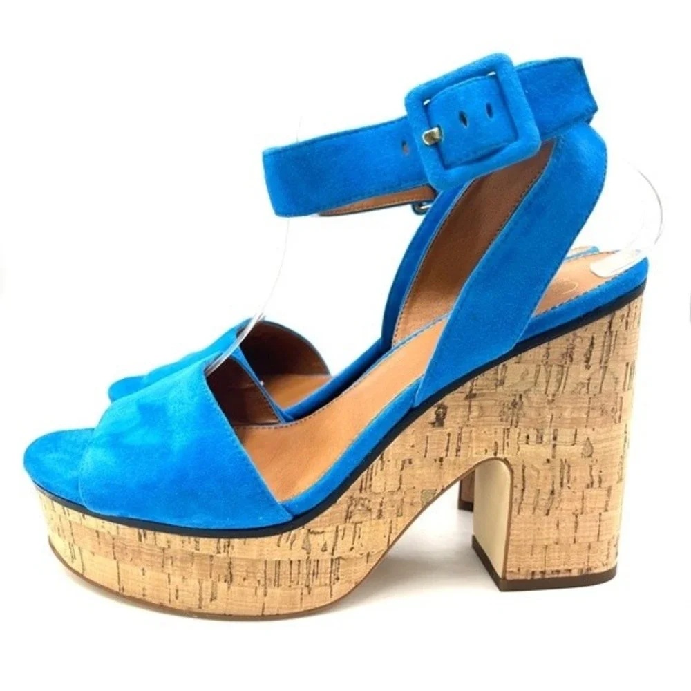 Franco Sarto Womens Size 11 Blue Suede Leather Chunky Cork Platform Heels‎ Shoes